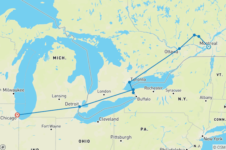 Kaart van Canadese hoofdsteden met Chicago en de hele westkust