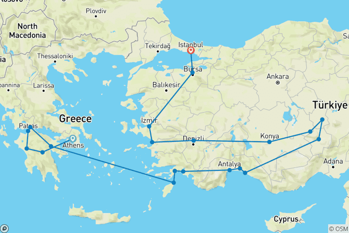 Carte du circuit Athènes, Péloponnèse et Turquie (21 destinations)