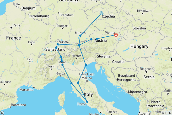 Carte du circuit Europe centrale (16 destinations)