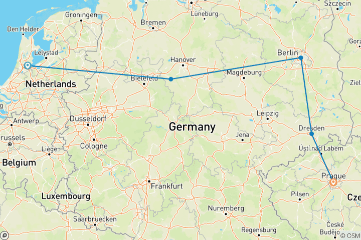 Carte du circuit Amsterdam, Berlin et Prague (5 destinations)