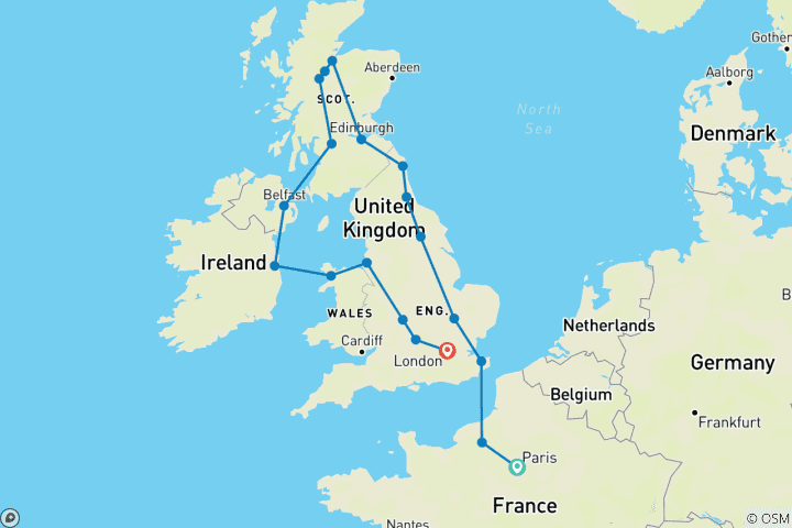 Carte du circuit L'Europe atlantique (19 destinations)