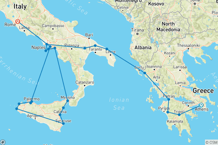 Map of Athens, Peninsula and Complete Sicily (22 destinations)