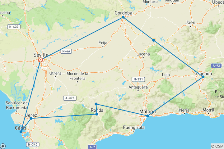 Carte du circuit Tradition andalouse (10 destinations)