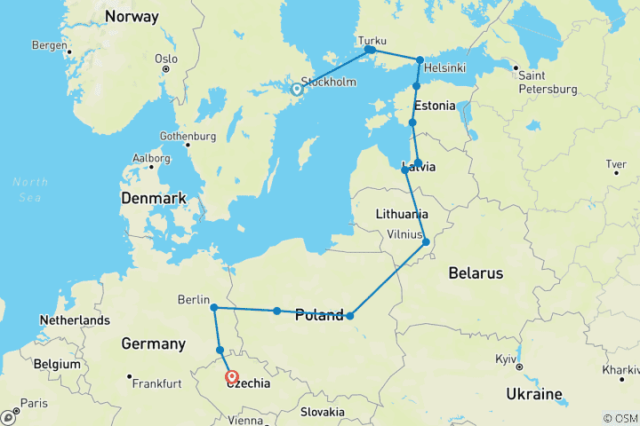 Karte von Baltische Hauptstädte (Ende Prag) (15 Destinationen)