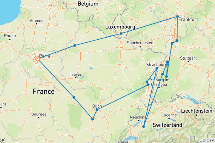 Carte du circuit Bourgogne, Alsace et Forêt Noire - Fin à Paris (17 destinations)