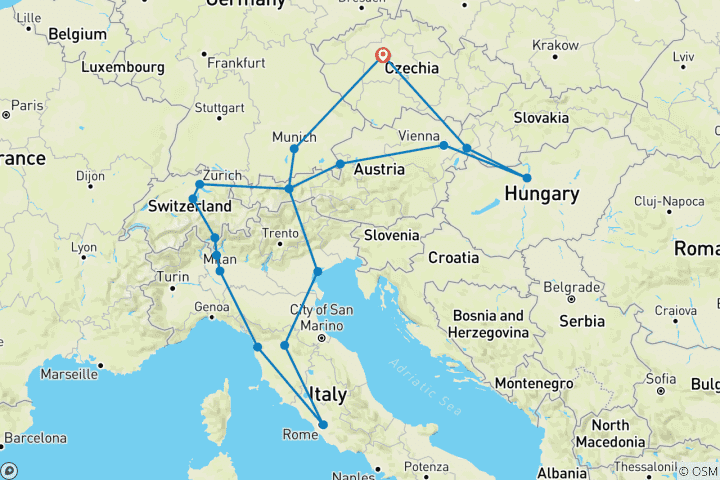 Kaart van Mooi Europa ROT (18 bestemmingen)