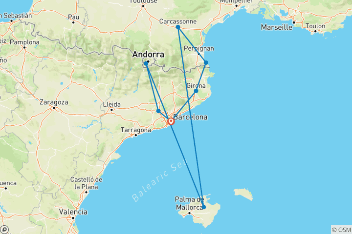 Carte du circuit Catalogne, sud de la France et Andorre (including Majorca)
