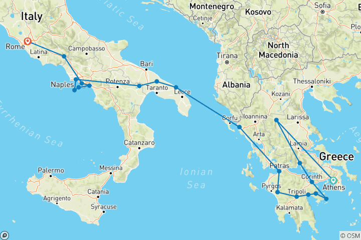 Map of Complete Greece with Puglia and Campania (21 destinations)