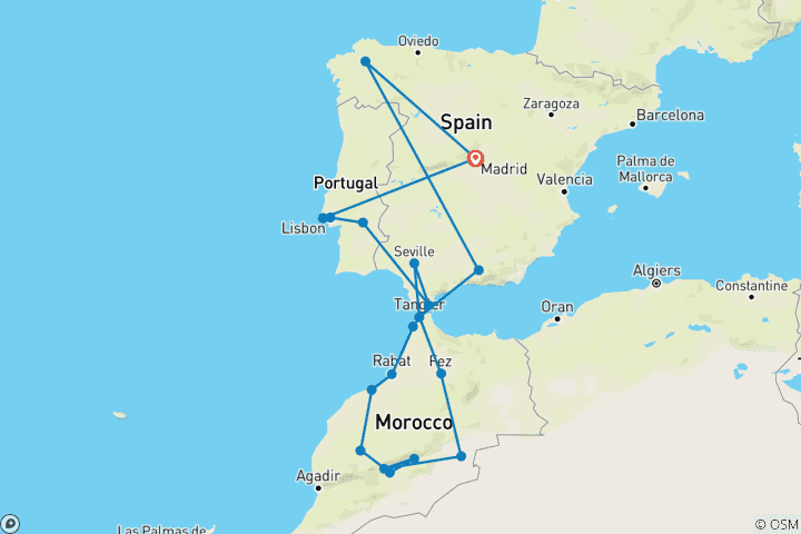 Kaart van Verken de beste Iberische steden & Marokko (21 bestemmingen)