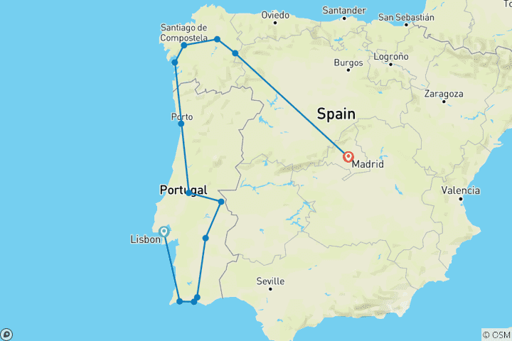 Kaart van Heel Portugal en Galicië (13 bestemmingen)