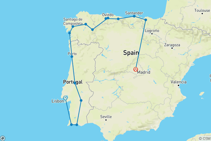 Carte du circuit Tout le Portugal et le nord de l'Espagne (16 destinations)