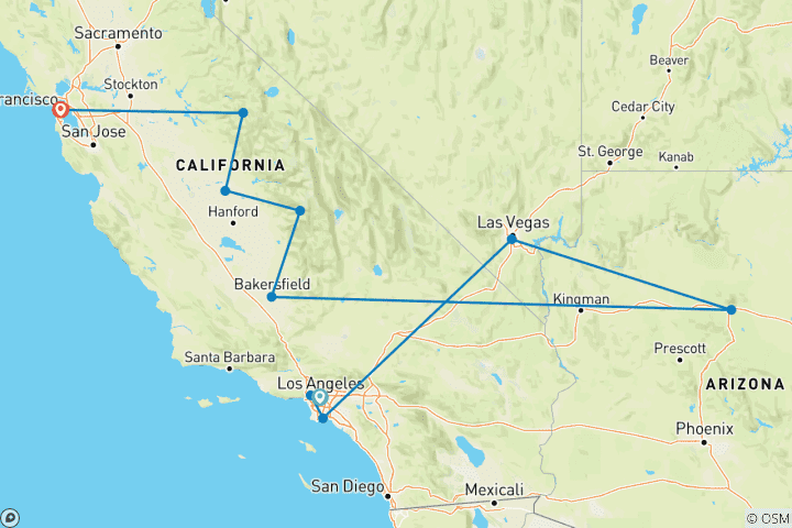 Kaart van Dromen van het Westen – eindpunt San Francisco (inclusief Long Beach)