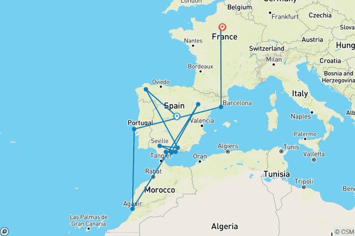 Map of Classical Spain with Paris (15 destinations)