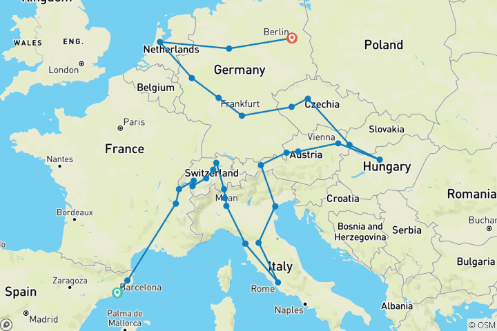Kaart van Kleurrijk Europa (30 bestemmingen)