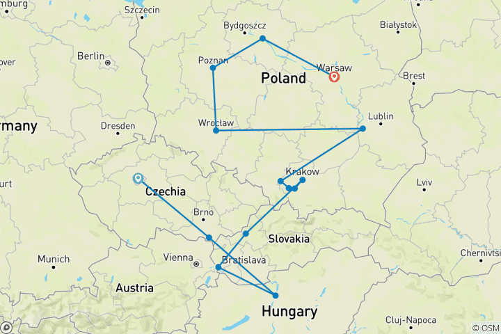 Carte du circuit République tchèque, Budapest et cœur de la Pologne