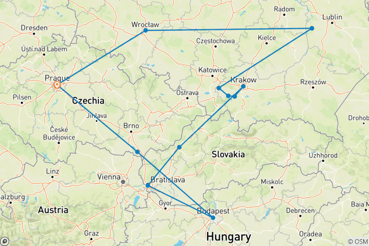 Map of Czech Republic, Budapest, and Heart of Poland, Ending in Prague