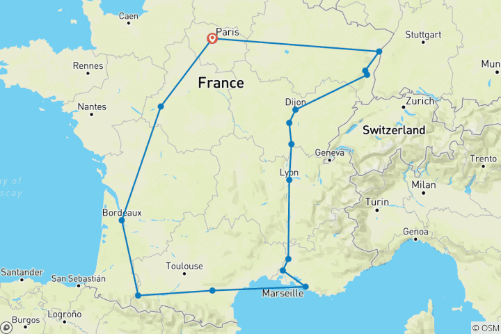 Map of Dreaming of France and Alsace (16 destinations)