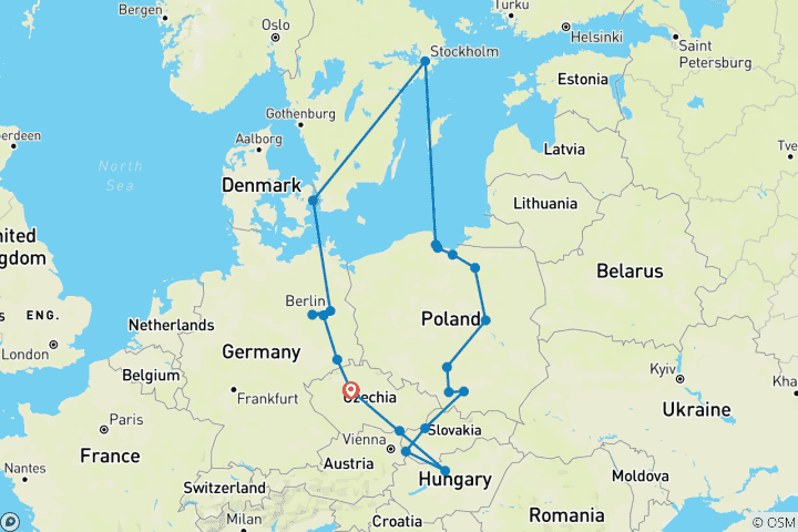 Carte du circuit Europe de l'Est, Pologne et Scandinavie Fin du ROT de Prague
