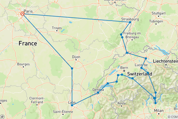 Karte von Frankreich und die Schweiz mit Elsass (21 Destinationen)