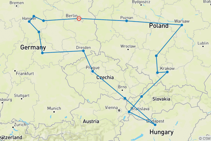 Carte du circuit Berlin, Prague, Budapest et le meilleur de la Pologne (18 destinations)