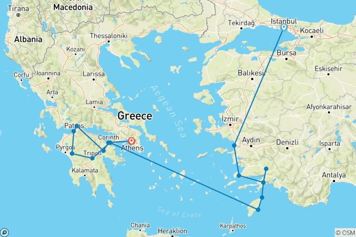 Map of Greco-Turkish Passion, Rhodes and Peloponnese End Athens (11 destinations)