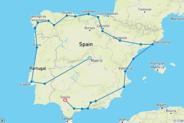 Map of Great Iberian Tour end Seville (25 destinations)