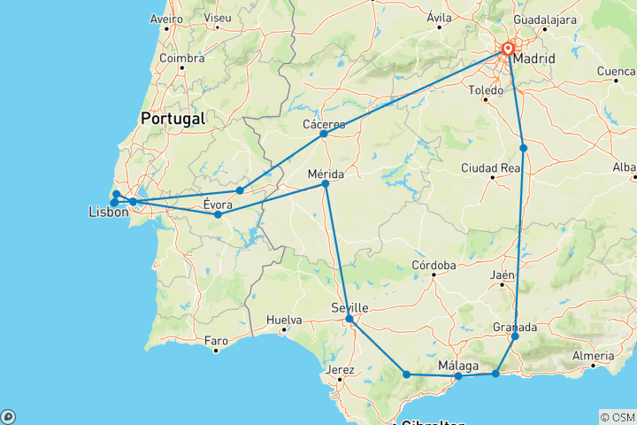 Kaart van Iberische ronde (17 bestemmingen)