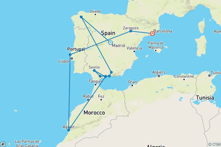 Kaart van Spanje – zonder Alhambra (13 bestemmingen)