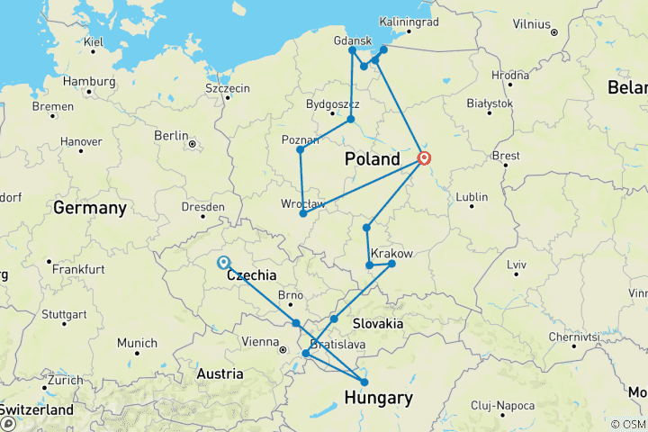 Map of Czech Republic, Budapest, and Tour of Northern Poland (including Czestochowa)
