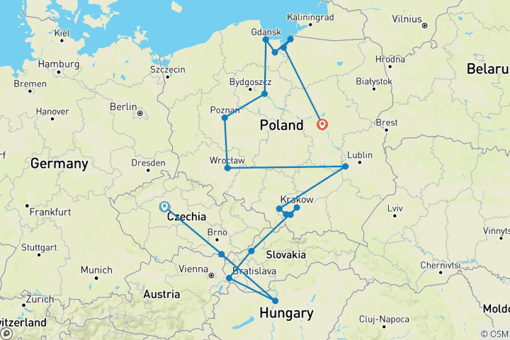 Carte du circuit République tchèque, Budapest et les merveilles de la Pologne