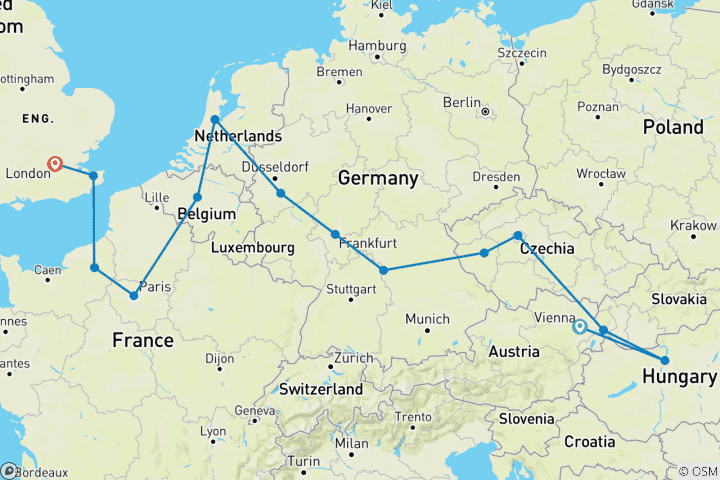 Carte du circuit D’Est en Ouest avec Londres (including Bruxelles)