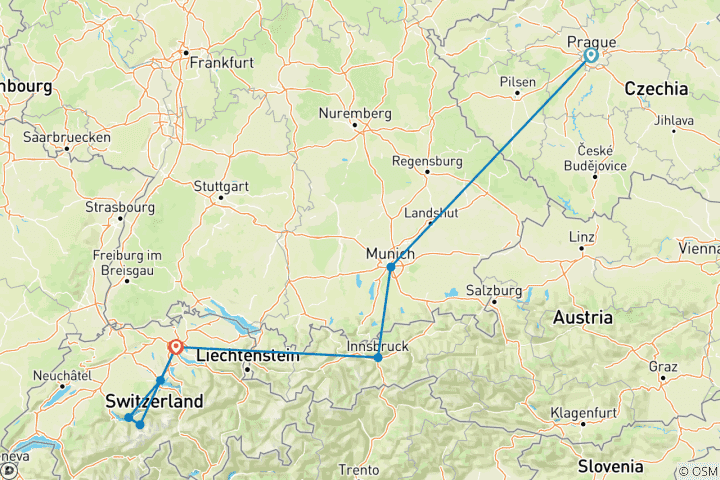 Carte du circuit De Prague à Zurich (8 destinations)