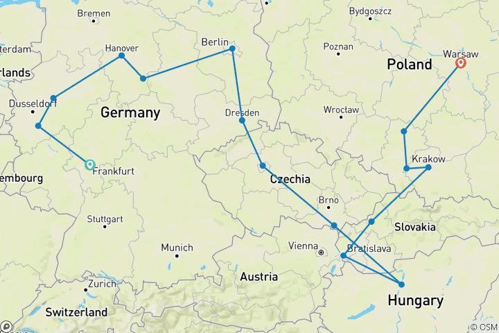 Map of Germany and Eastern Europe (16 destinations)