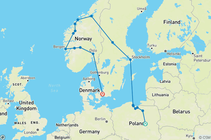 Map of Fabulous Poland and Fjords End Copenhagen