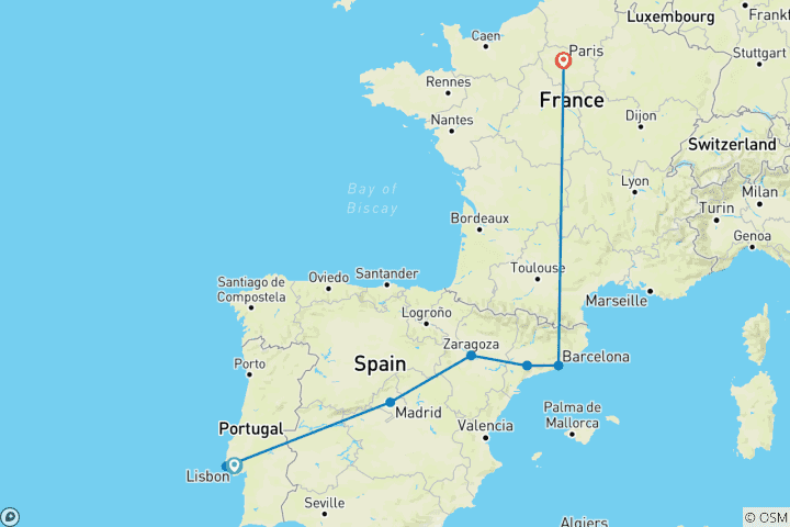 Kaart van Van Lissabon naar Parijs