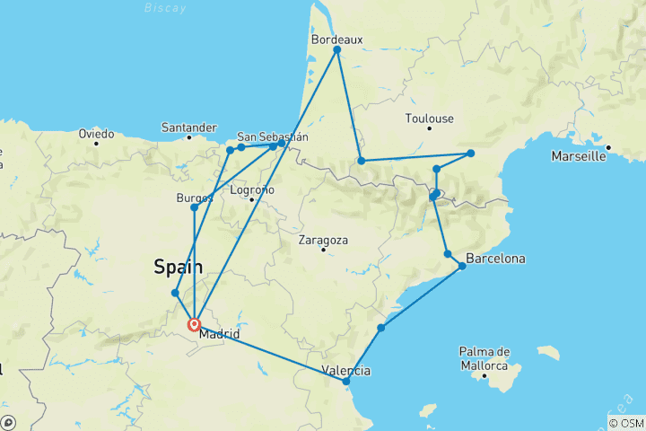 Carte du circuit Madrid, Pays Basque, Andorre et Barcelone avec Lourdes (19 destinations)