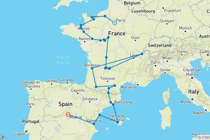 Map of Lovely France and Spain (29 destinations)