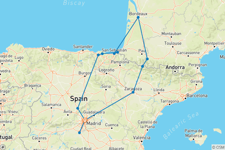 Carte du circuit Madrid et le Pays basque avec Lourdes (including Toledo)