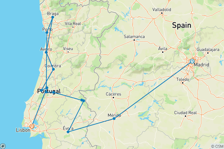 Carte du circuit Nord et sud du Portugal et Lisbonne (14 destinations)