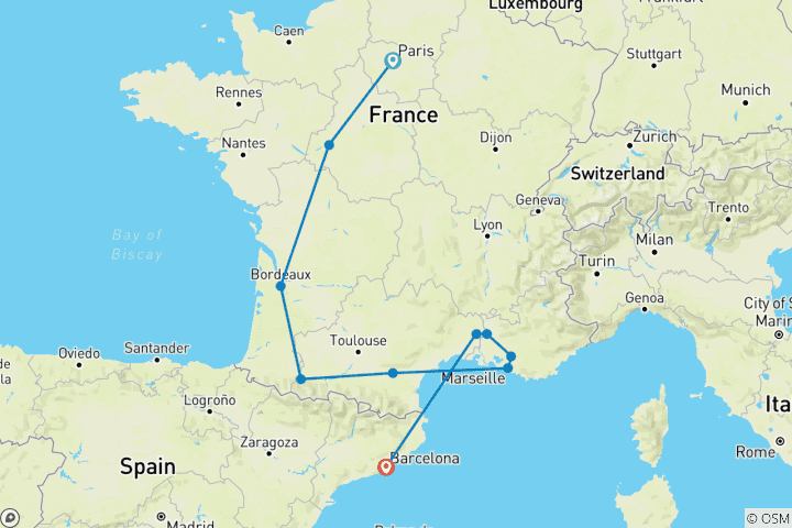 Map of Paris, Lourdes, Côte d Azur, Provence and Barcelona (10 destinations)