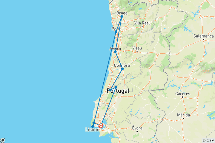 Mapa de Norte de Portugal con Lisboa (11 destinations)