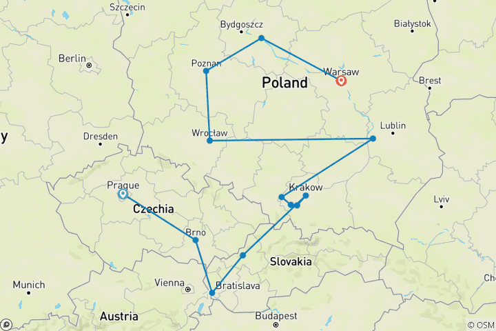 Map of Prague, Moravia, and Heart of Poland, Ending in Warsaw