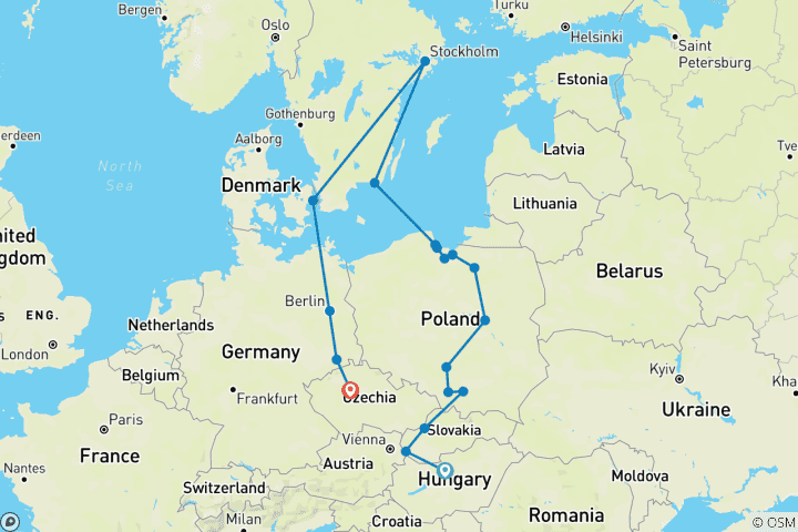 Carte du circuit Hongrie, Pologne et Scandinavie Fin de Prague (18 destinations)