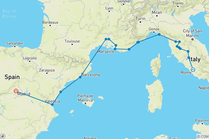 Kaart van Rome, Toscane, de Côte d Azur, de Provence & Spanje (20 bestemmingen)