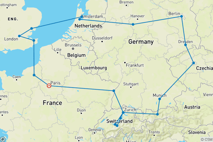 Map of Paris, London and Central Capitals (20 destinations)