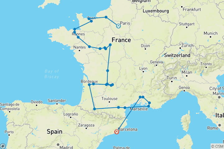 Carte du circuit Normandie, France et Barcelone (27 destinations)