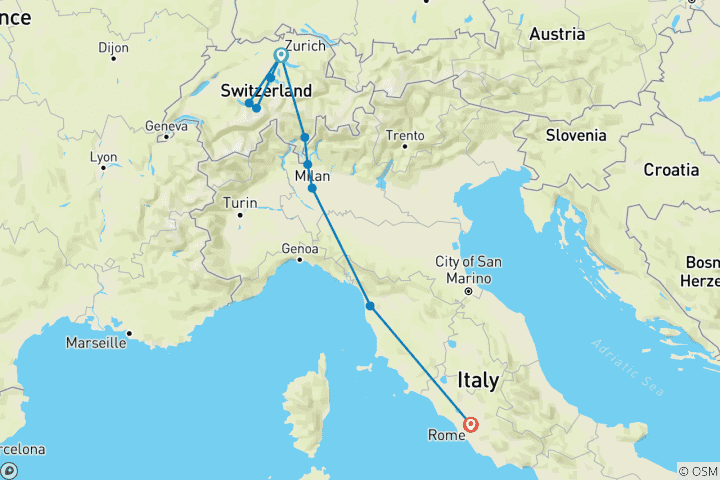 Carte du circuit Pleins feux sur la Suisse et l'Italie (10 destinations)