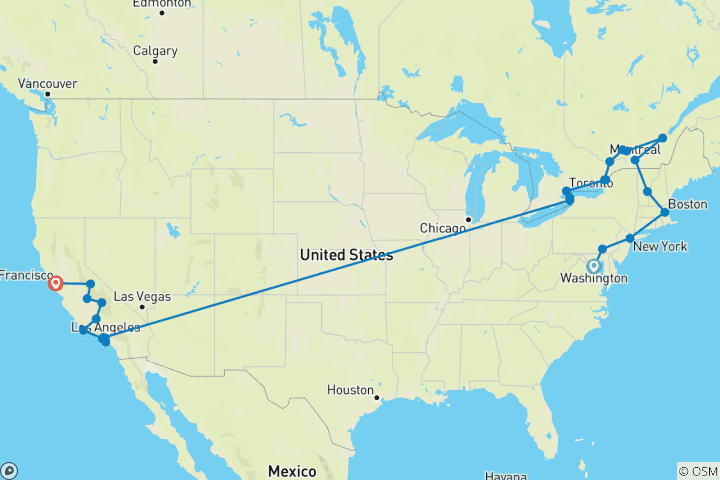 Kaart van Van Washington naar San Francisco