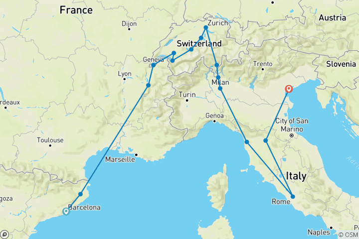 Karte von Spanien, Schweiz und klassisches Italien (16 Destinationen)