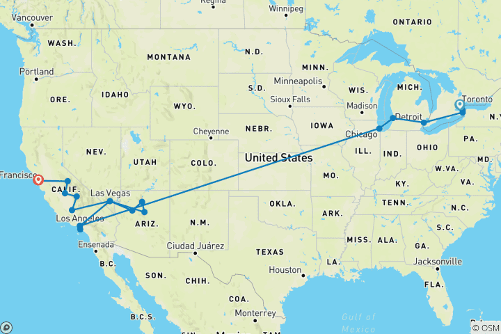 Carte du circuit Toronto, Niagara et Chicago avec Western Classics